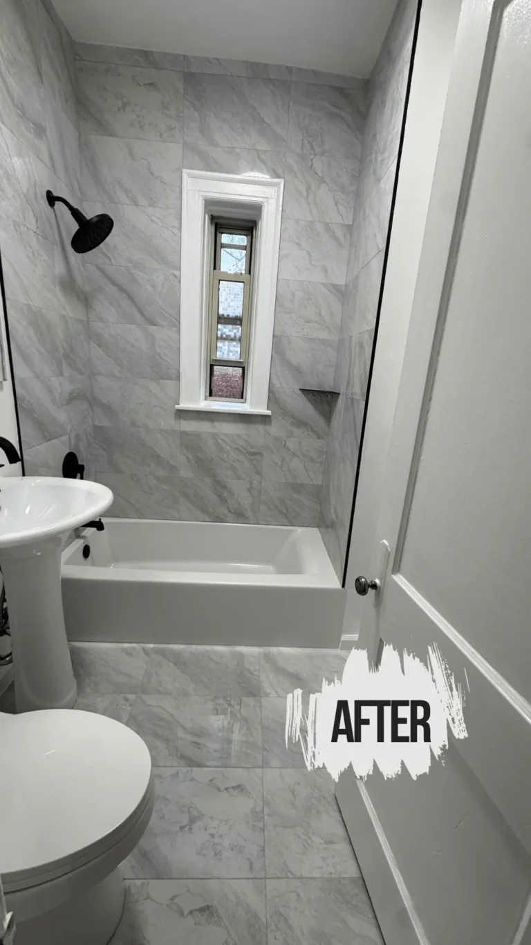 Stylish bathroom renovation with new tiles and fixtures completed by expert remodelers in NJ.