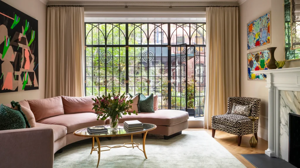Interior brownstone renovation with elegant living room, large windows, and modern design by Designs by D and J in NYC and NJ.