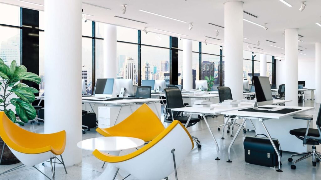 Modern office renovation and workspace redesign with open floor plan by Designs by D and J in NYC and NJ.