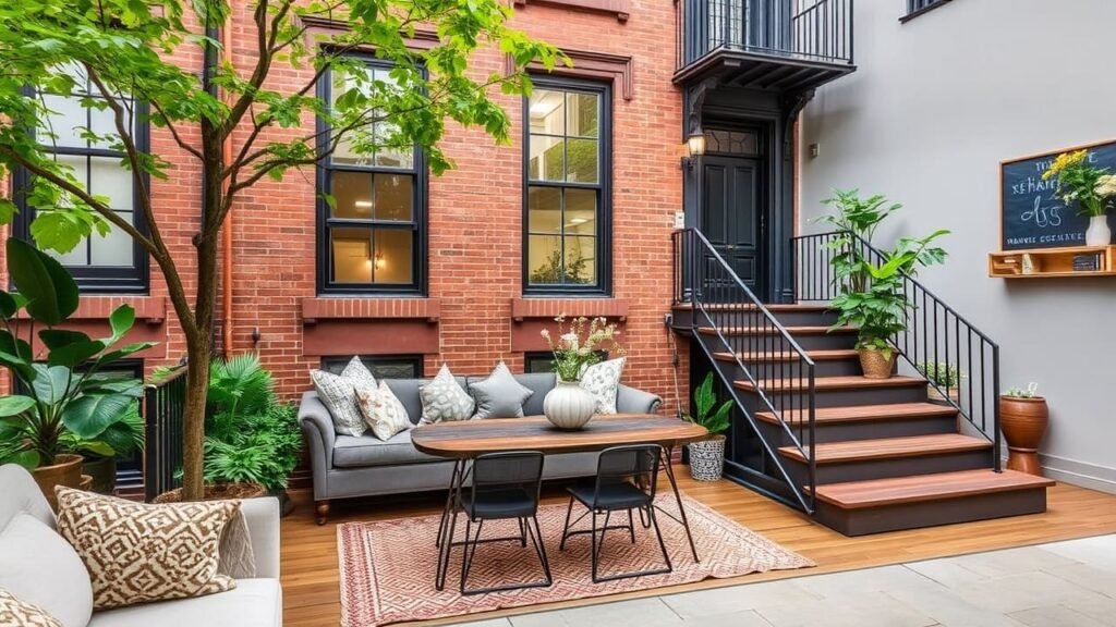 Exterior brownstone renovation with restored brick facade, black door, and outdoor seating by Designs by D and J in NYC and NJ.