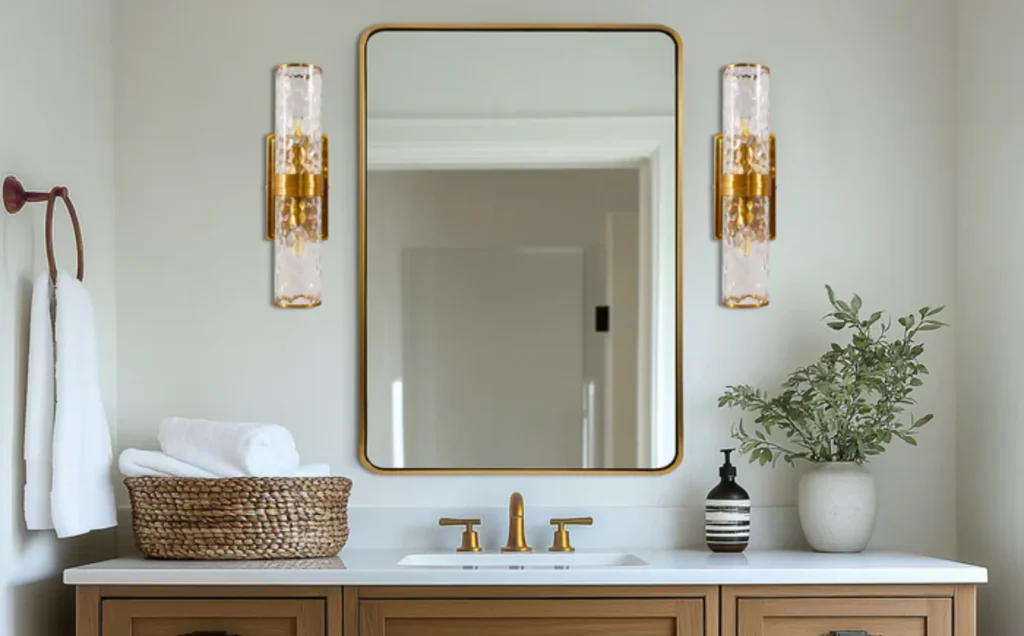 Bathroom wall sconce installation above vanity mirror by Designs by D and J renovation experts in NYC and NJ.