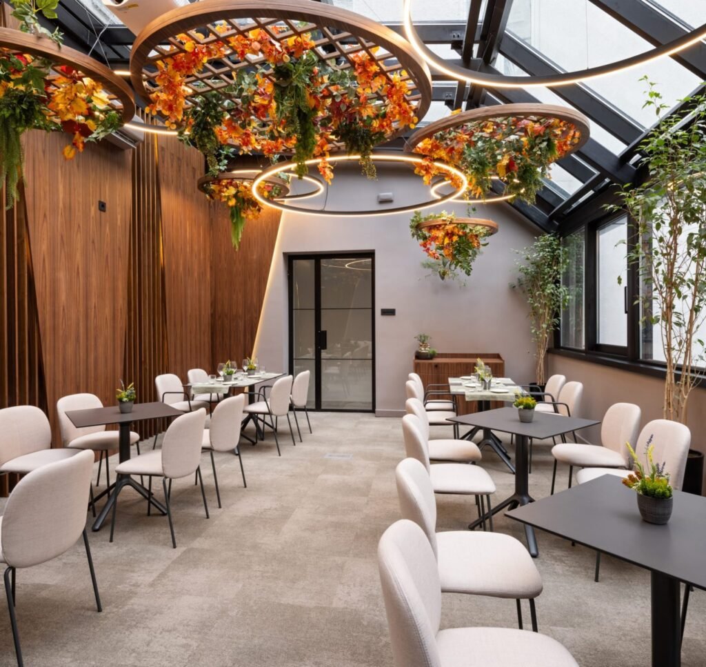 Restaurant and hospitality remodeling with elegant dining area and modern interior by Designs by D and J.